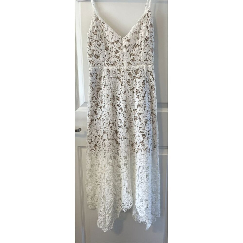 Lulus One Wish White Crochet Lace Midi Dress with Handkerchief Hem S Womens